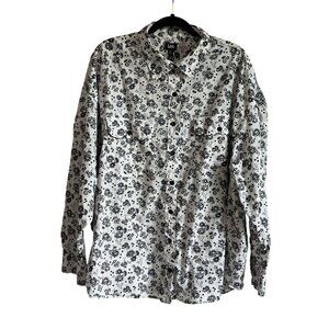 Lee Womens Floral Button-Up Long Sleeve Shirt XXL Cotton Black White Frontier